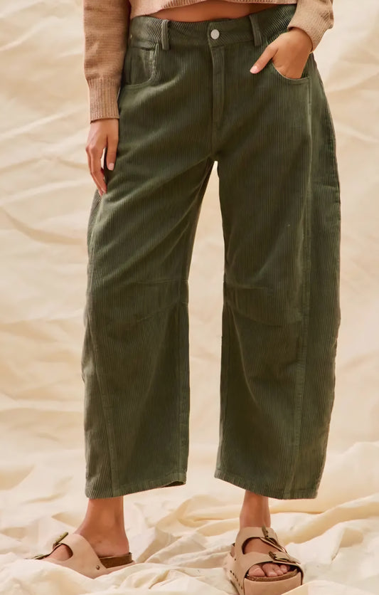 Mid Rise Olive Corduroy
Barrel Pants
