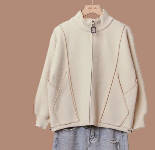 Saddle High Neck Knit Zip Up Jacket