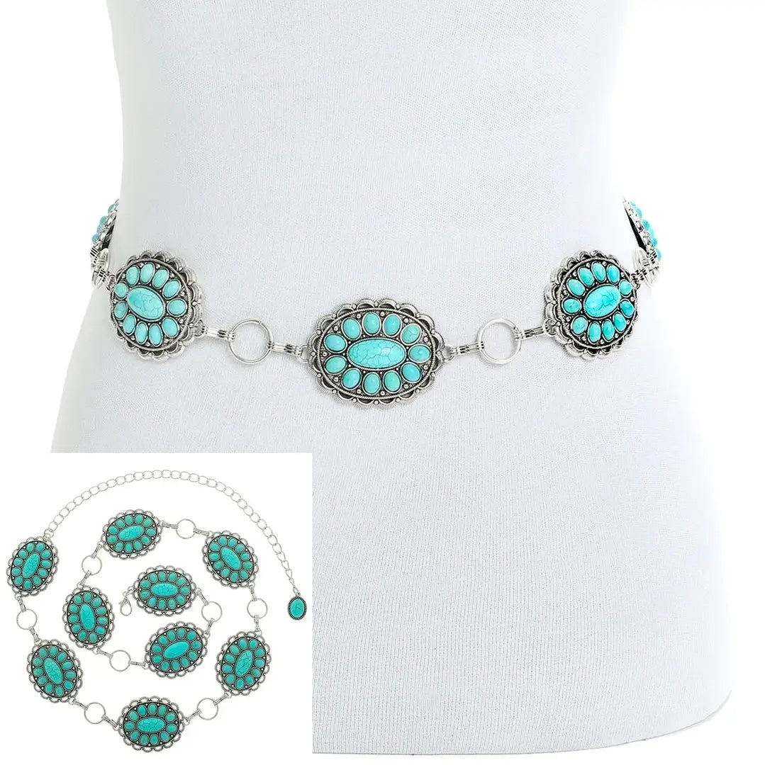 Western Turquoise Embellished Oval Chain Link Belt