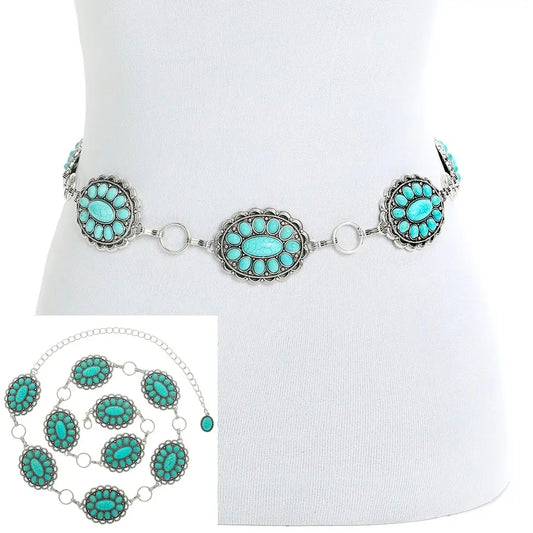 Western Turquoise Embellished Oval Chain Link Belt