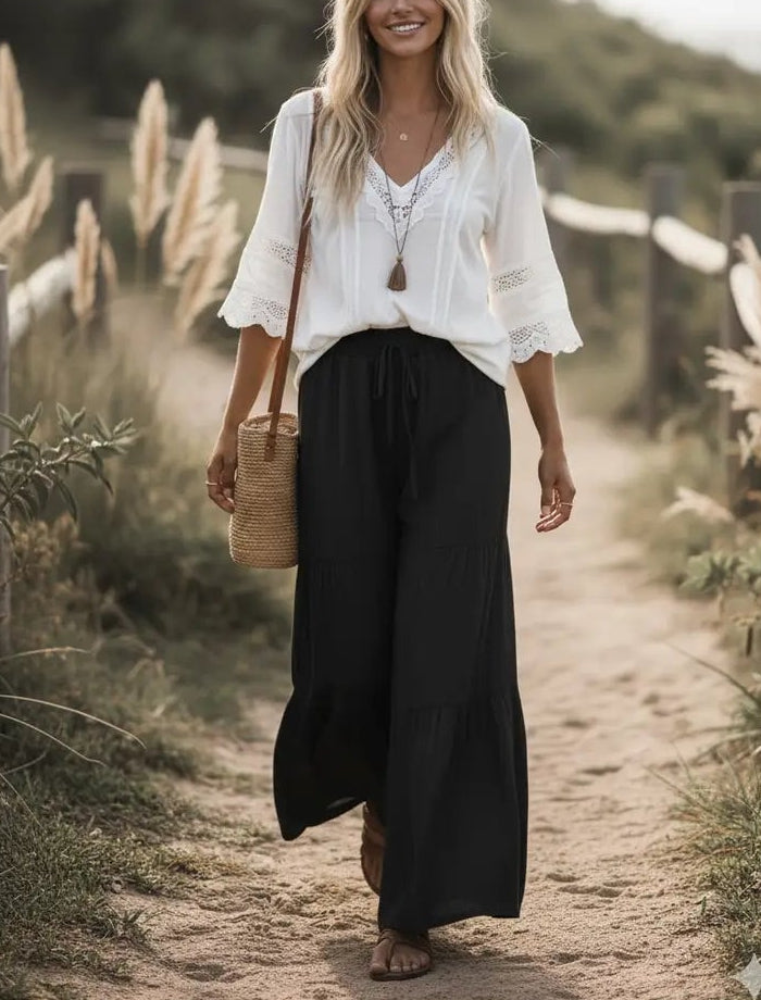 Linen Blend Tiered Wide Leg Palazzo Pants