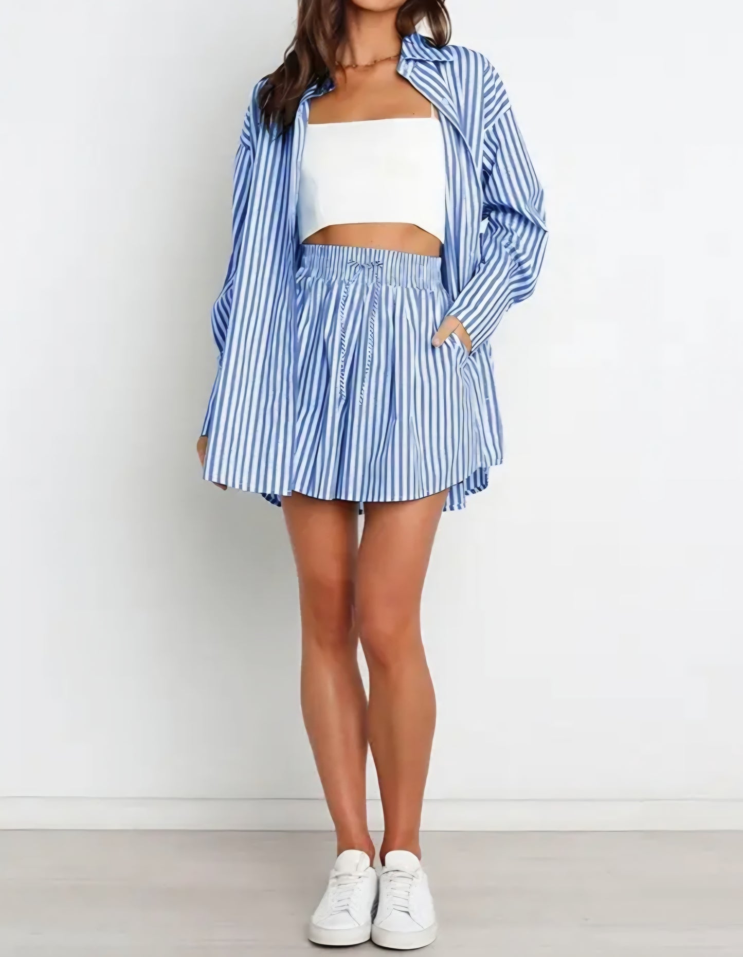Striped Oversized Shirt and Drawstring Shorts Set