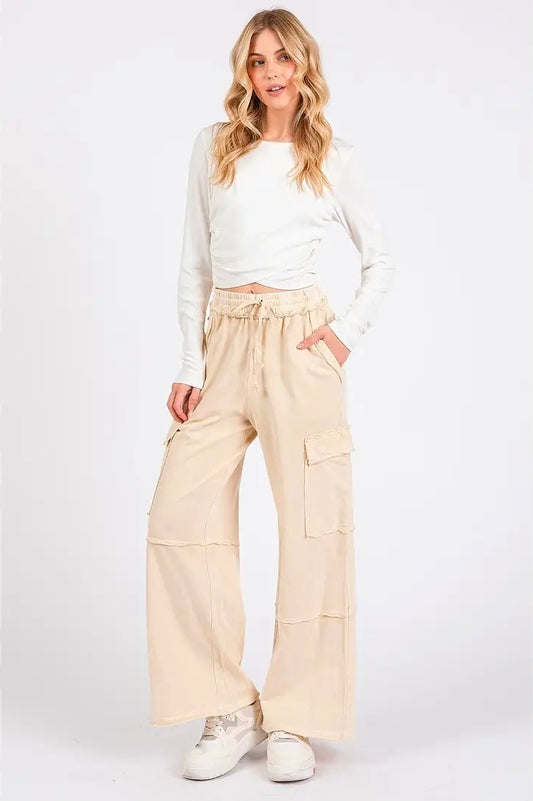 Mineral Wash Elastic Waist Cargo Wide Leg Pants
