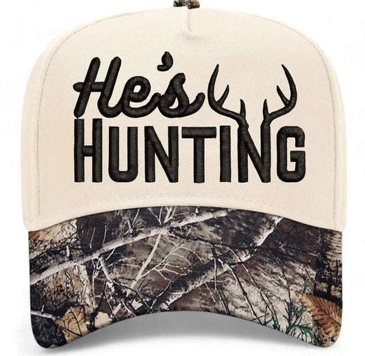 "He's Hunting" Cream/Camo Hat