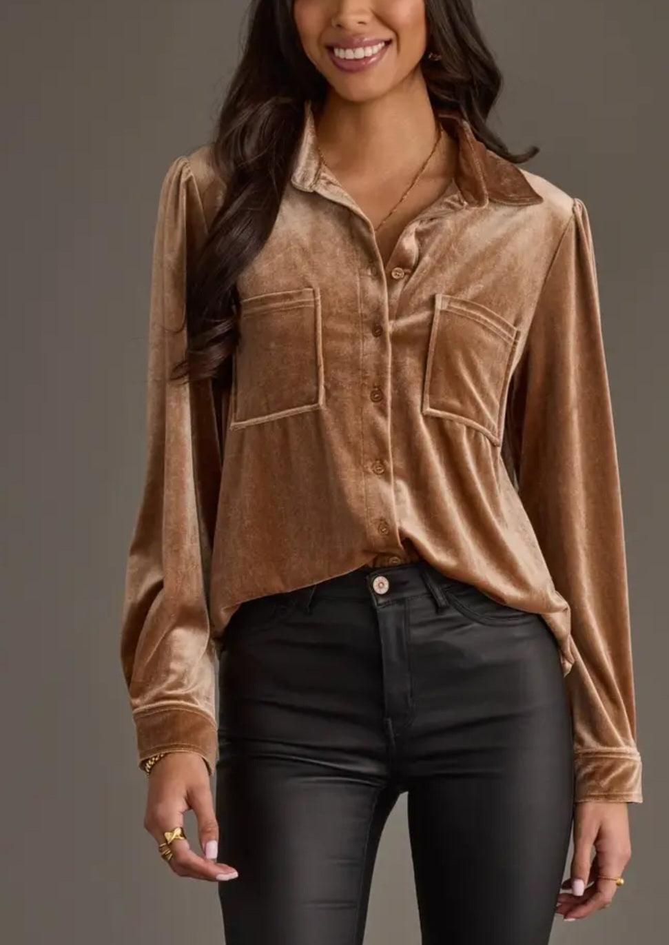 Tan Velvet Button Up