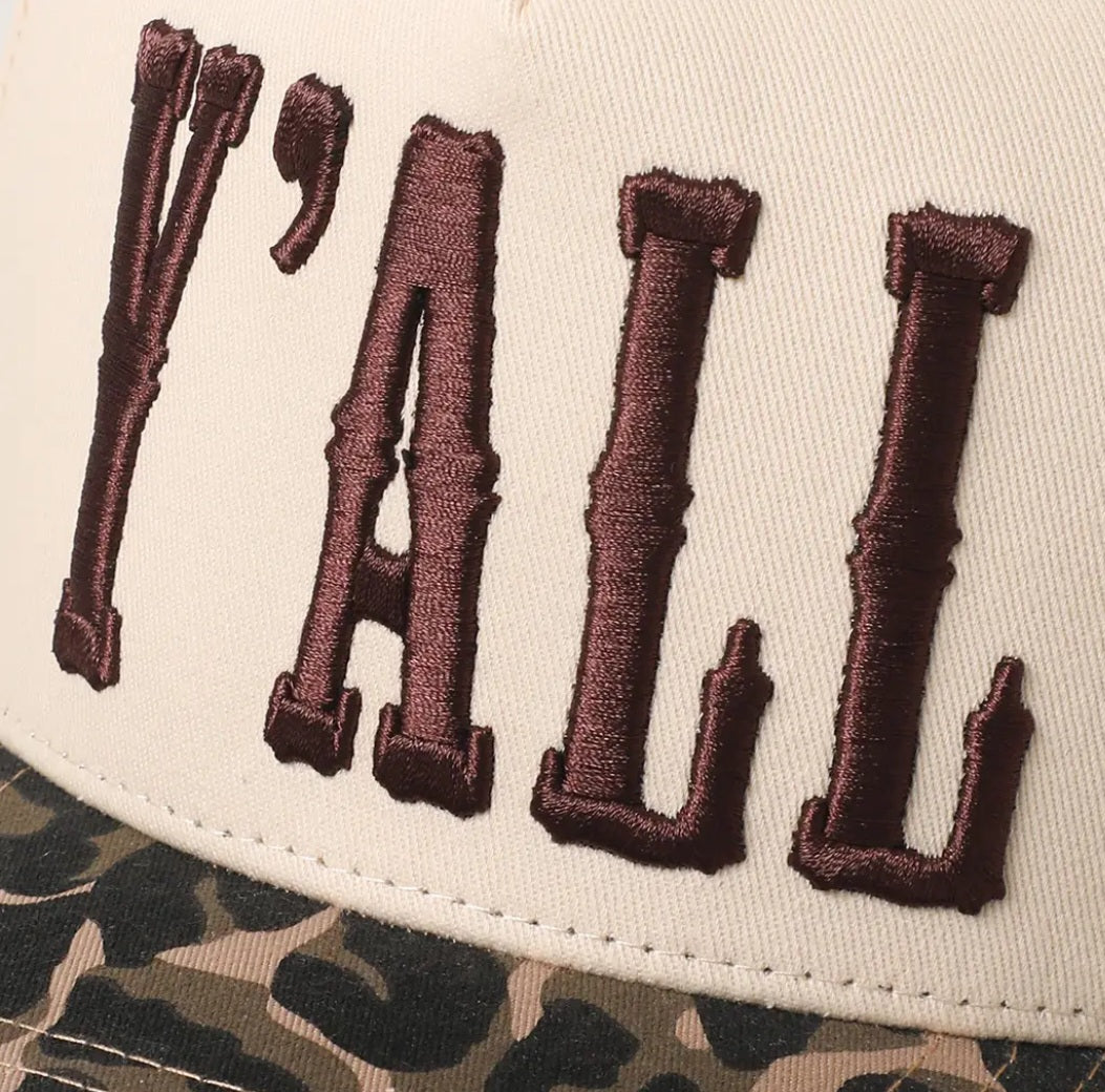 Y'all 3D Embroidered Two Tone Leopard Brim Trucker Hat
