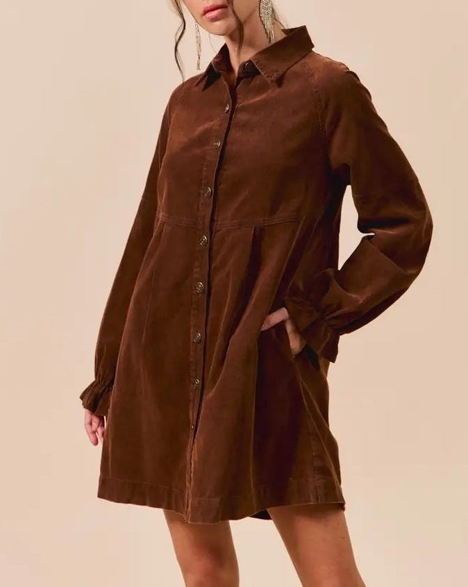 Brown Corduroy Button Down Shirt Mini Dress