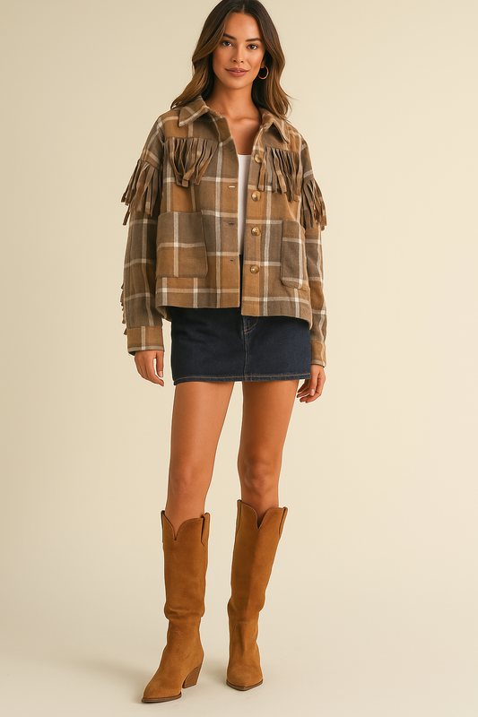 Wool Fringed Plaid Jacket