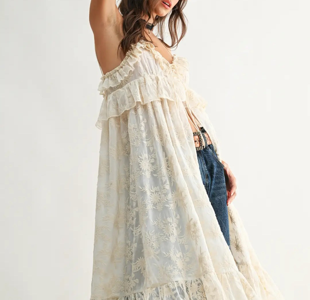 Sheer Floral Lace Ruffle Cover Up Top