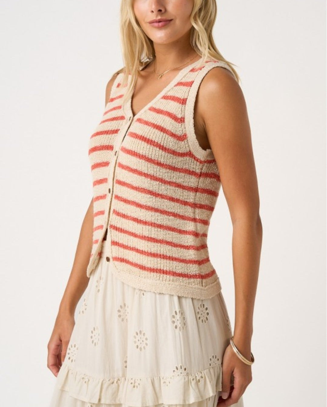 STRIPED V-NECK BUTTONED KNIT SWEATER VEST
