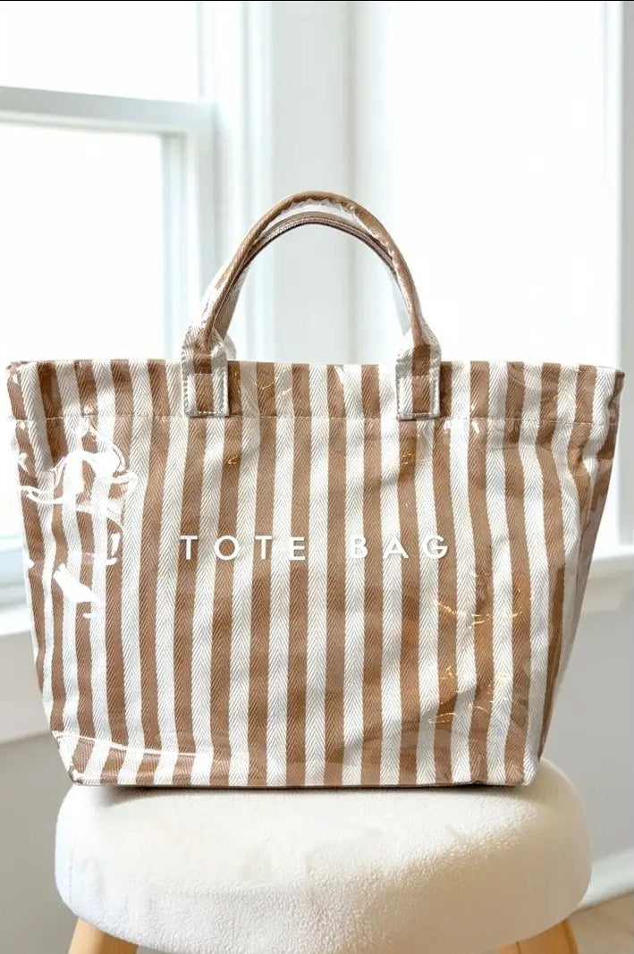 "TOTE BAG"  Stripe Tan and White Stripe