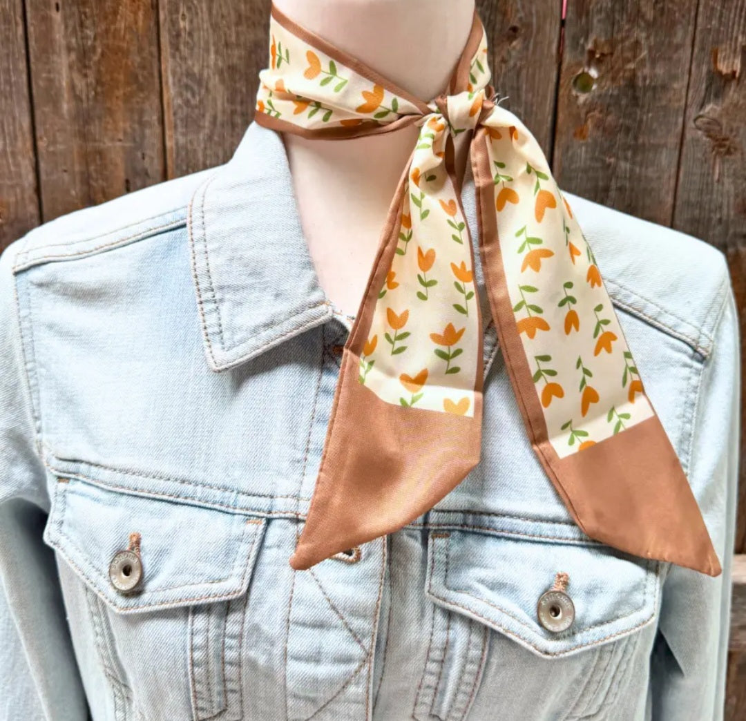 Tan and Cream Floral Western Skinny Mini Wild Rag Scarf Cowgirl Necktie