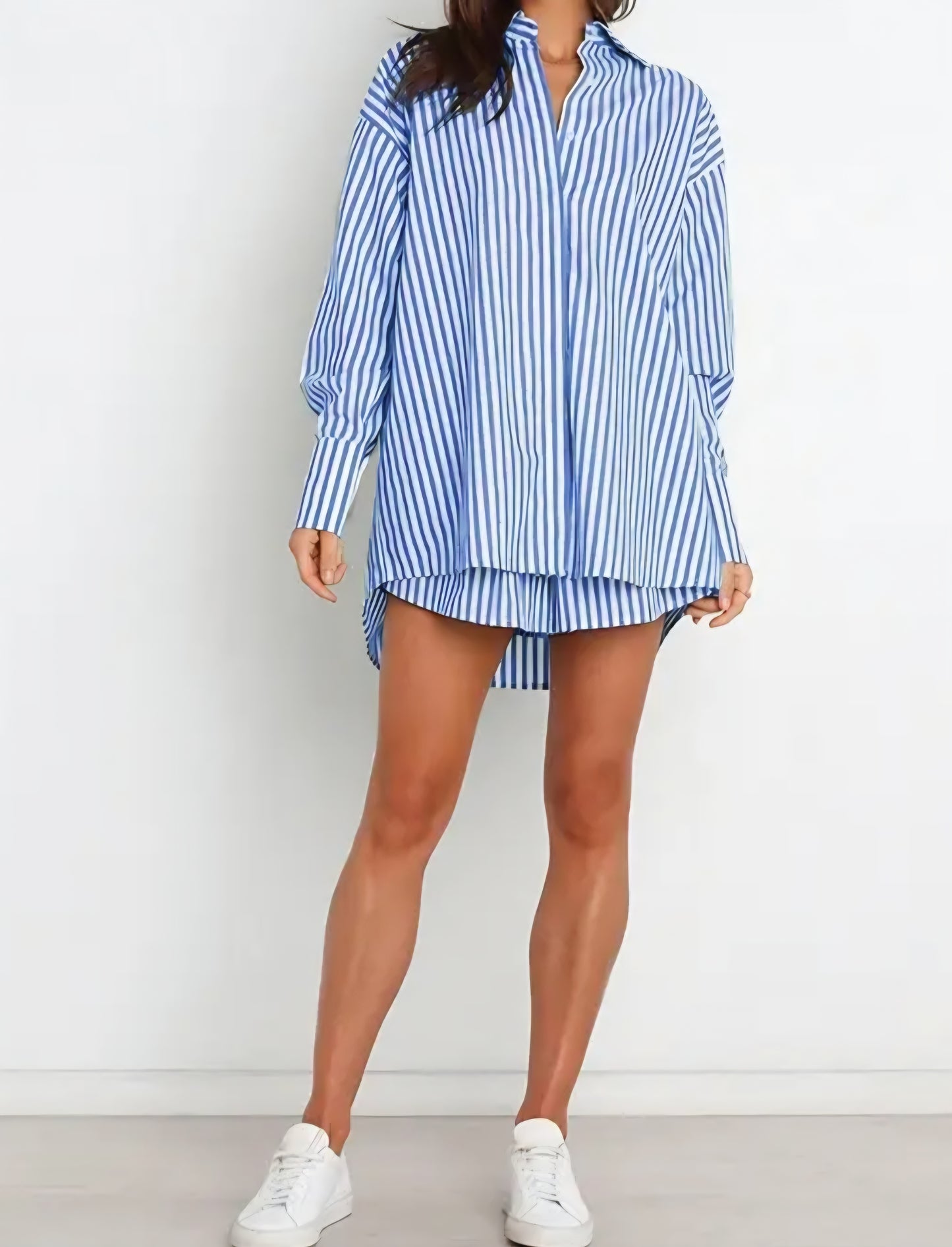 Striped Oversized Shirt and Drawstring Shorts Set