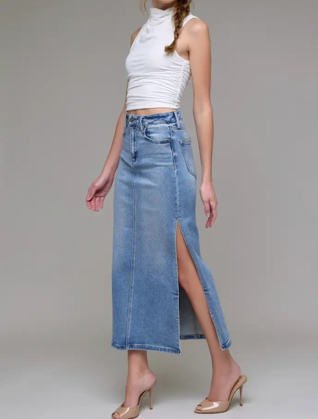 Hidden Jean Medium Length Side Slit Stretch Midi Skirt