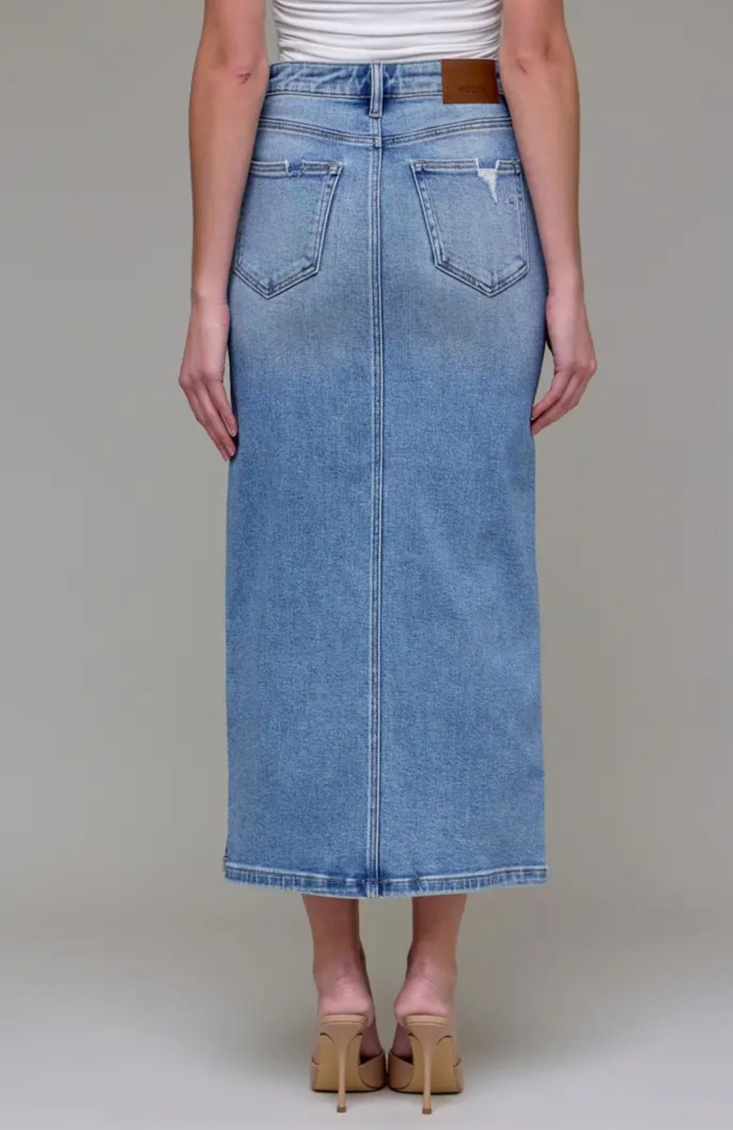 Hidden Jean Medium Length Side Slit Stretch Midi Skirt