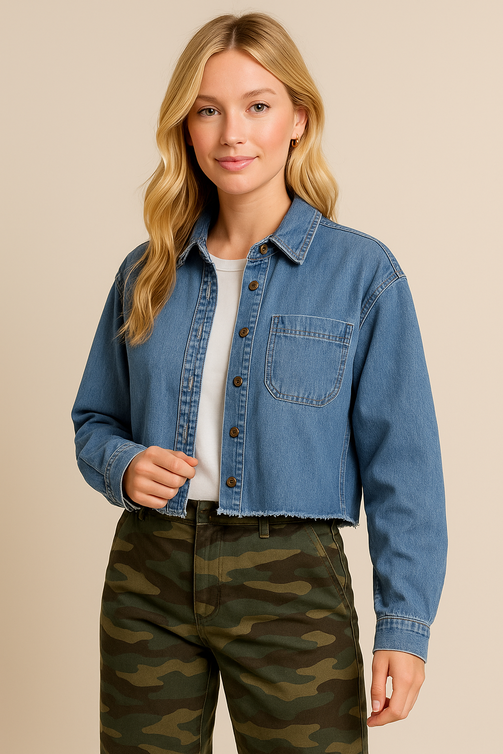 Button-Up Denim Shirt with Raw Edge