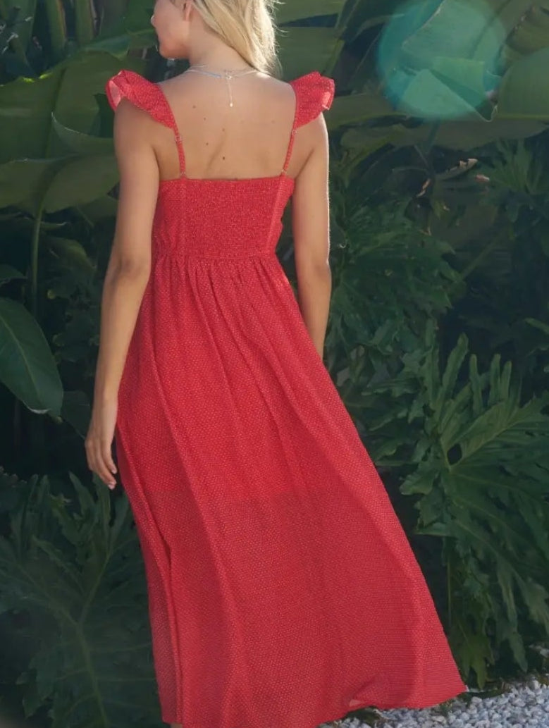 Red Polka Dot Ruffle Strap Midi Dress