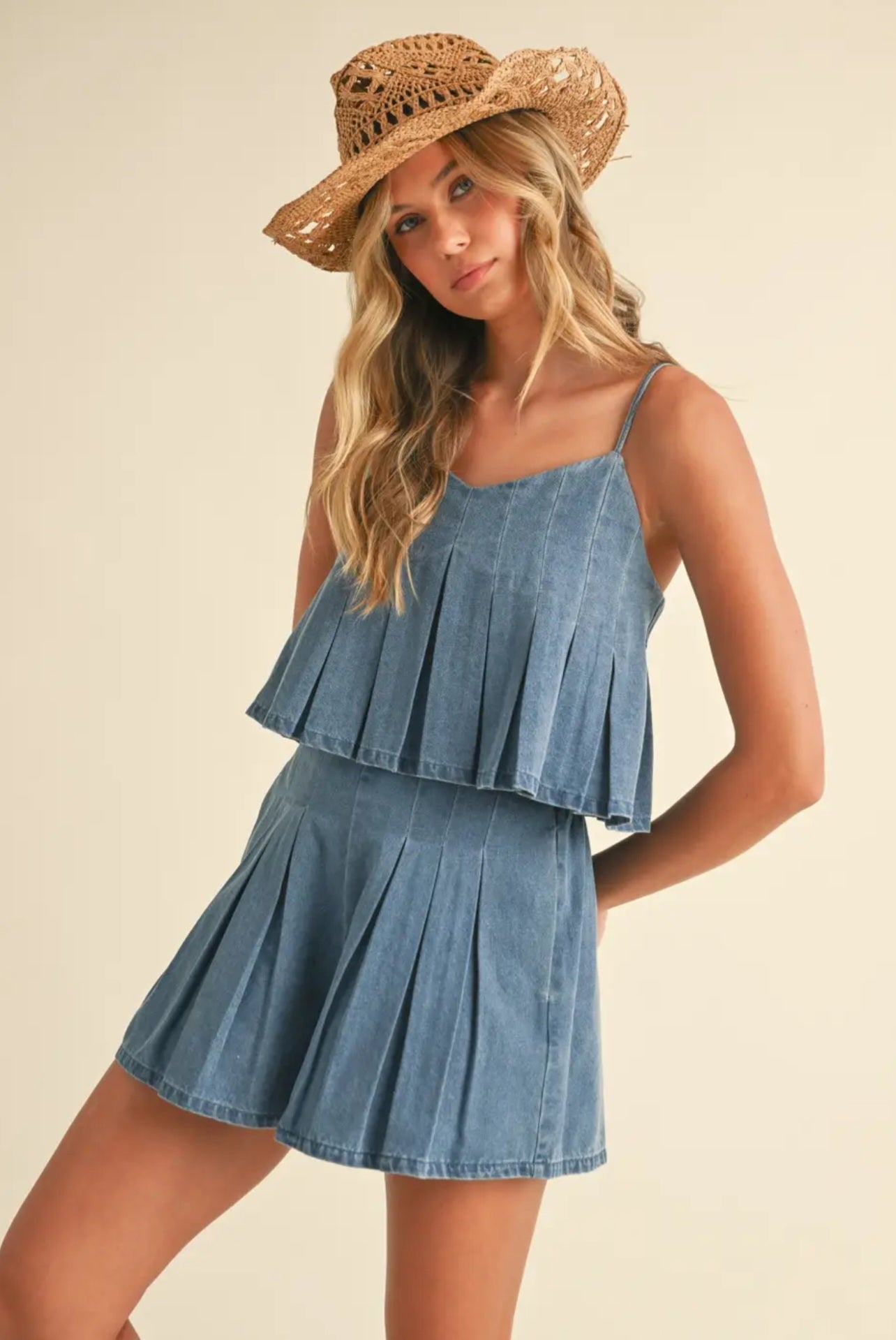 Denim Pleated Sleeveless Top and Skort Set