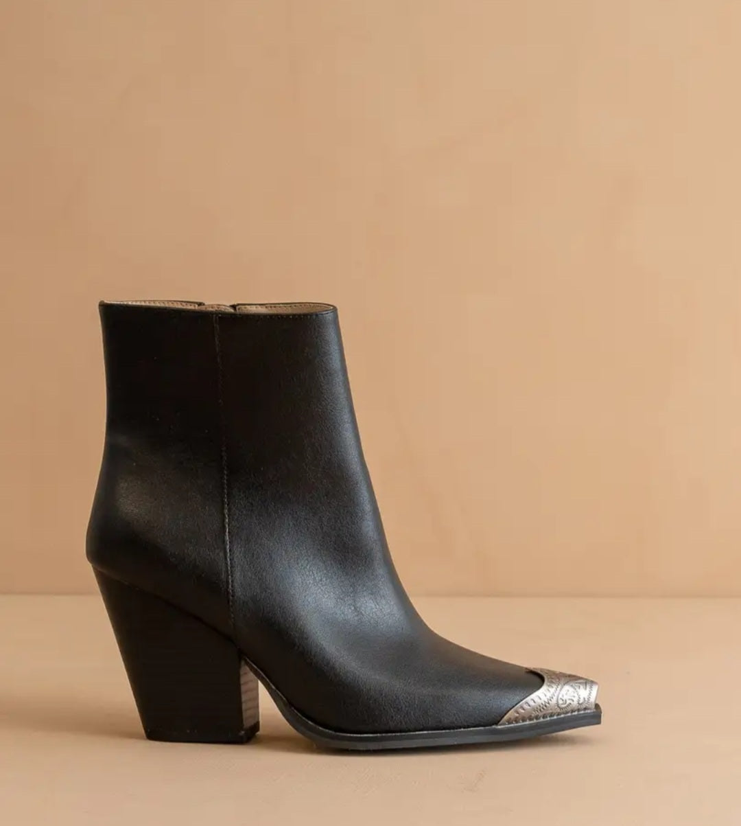The Zion Black Elegant Western Bootie Etched Metal Toe