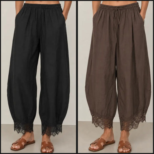 Woven Barrel Pants w/ Lace Detail