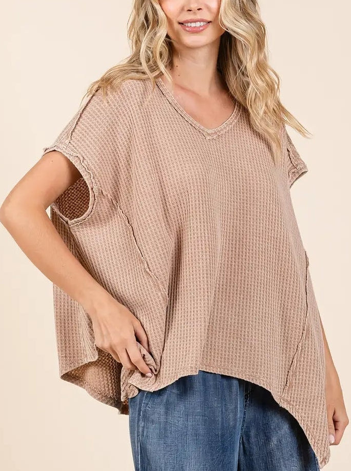 Mineral Wash Waffle Knit Pointed Hem Oversized Top