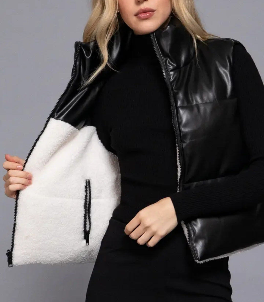 Reversible Faux Leather-Sherpa Crop Vest