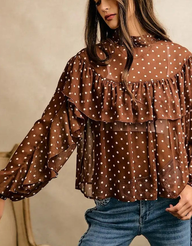 Polka Dot Chiffon Ruffled Tier Long Sleeves Blouse Top