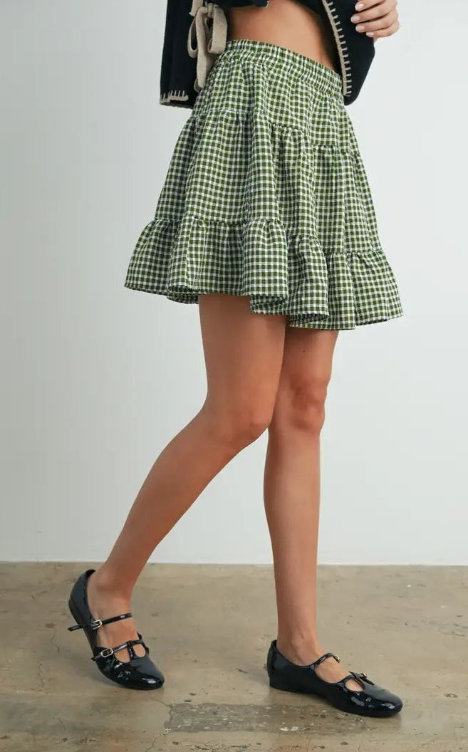 High Waist Tiered Green Check Skirt