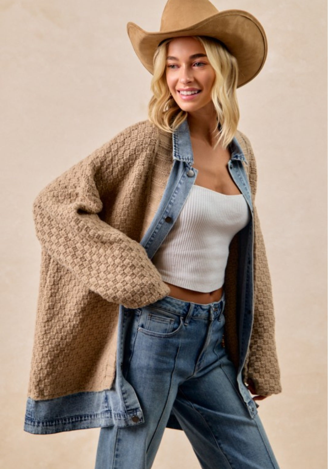 Washed Denim Mix And Match Sweater Cardigan