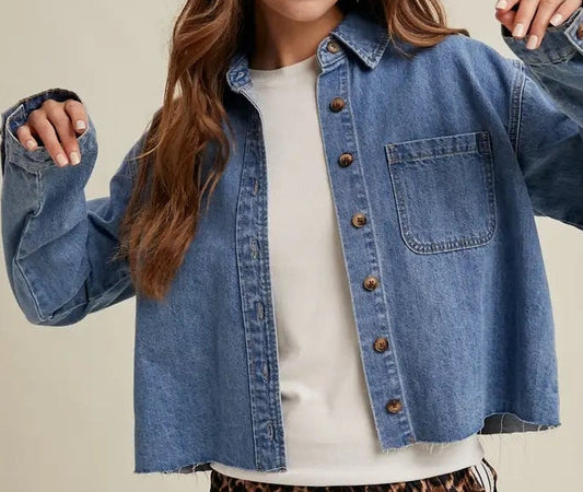 Button-Up Denim Shirt with Raw Edge