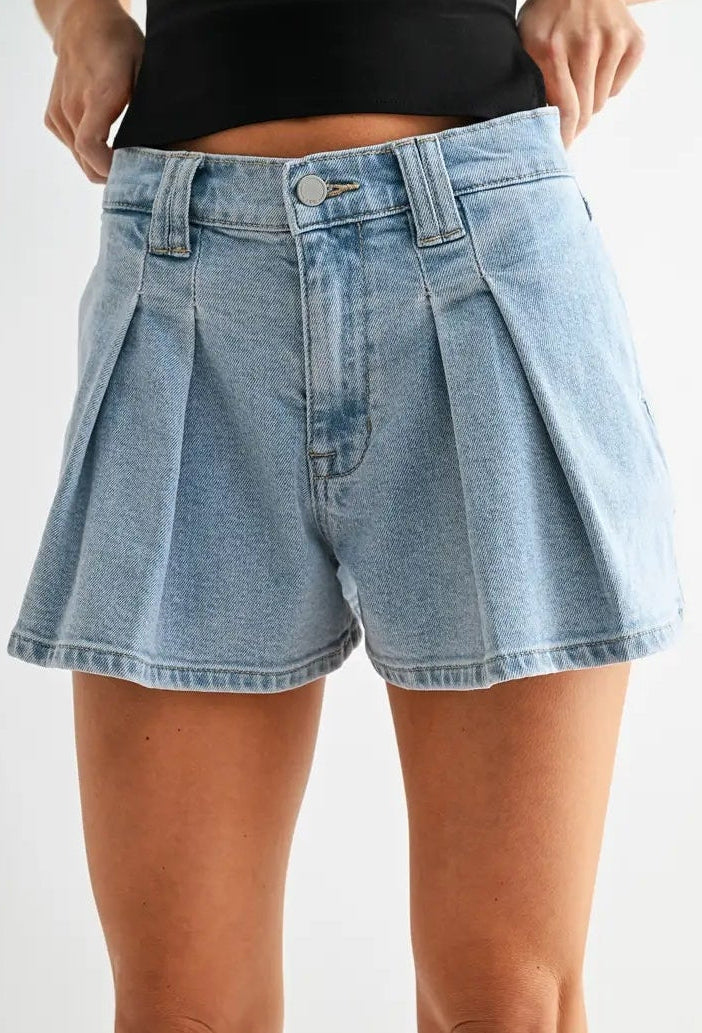 Pleated Bubble Denim Shorts