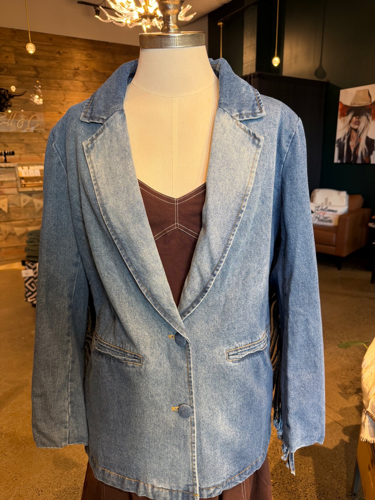 The Perry Fringed Denim Blazer