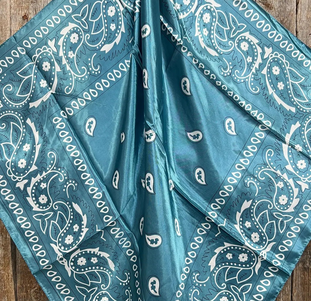 Turquoise and White Floral Paisley Wild Rag / Scarf 35X35"