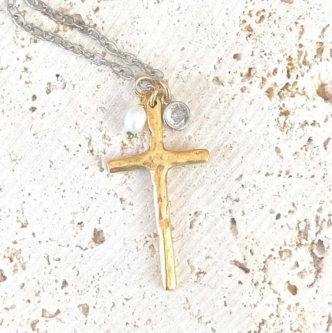 Cross Necklace With Rustic Pearl