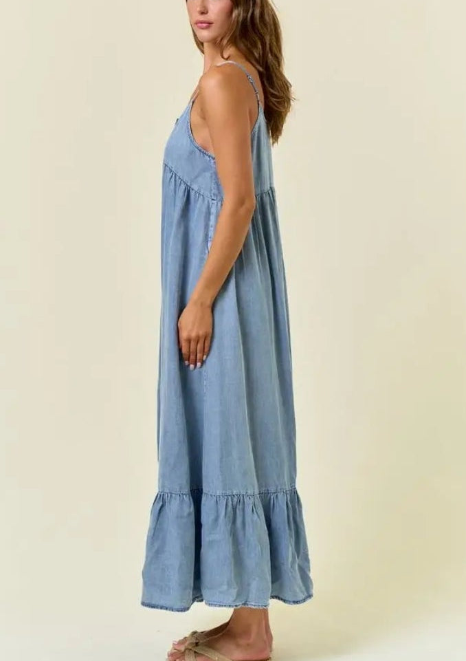 Chambray Tiered Denim Ruffled Midi Dress