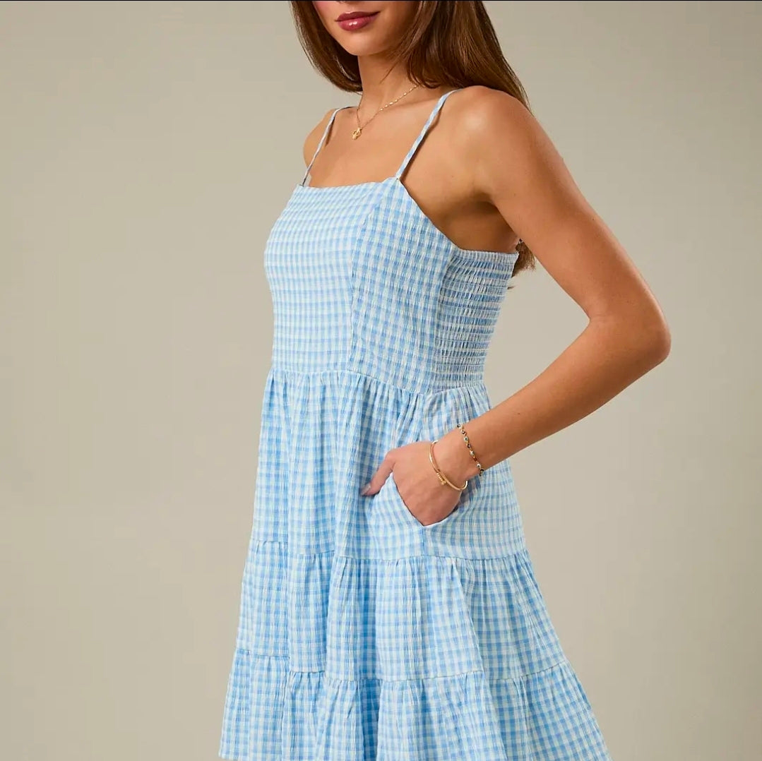 Blue Ghingham Shoulder Strap Tiered Mini Dress