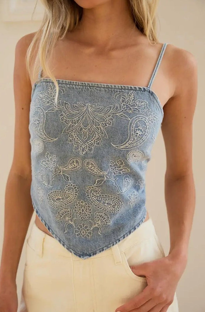 Denim Paisley Embroidery Bandana Top