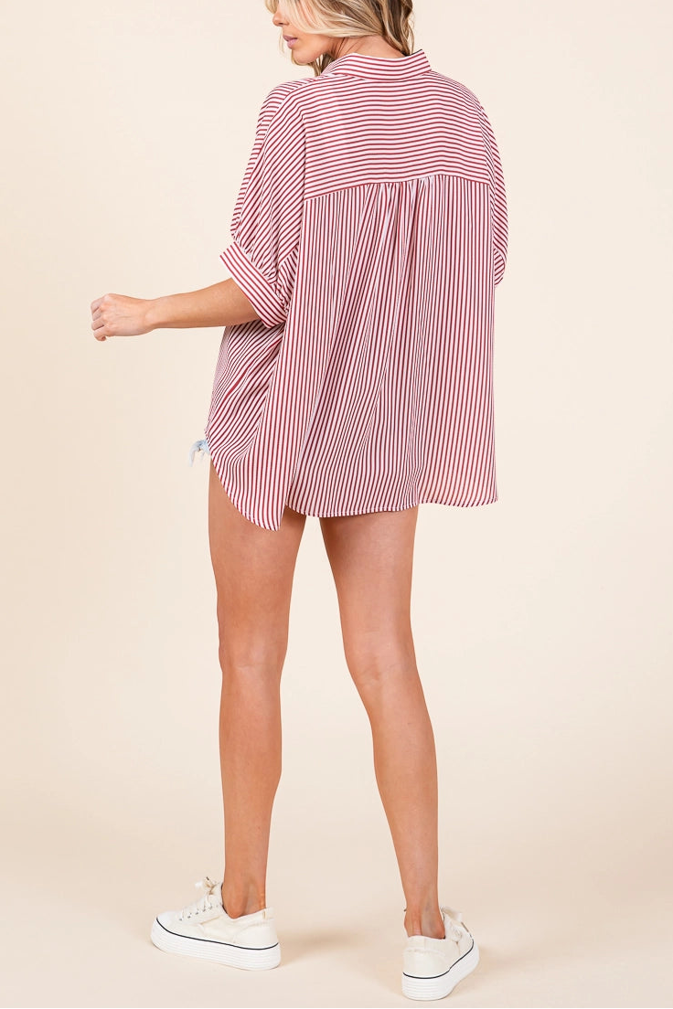 Oversized Short Sleeve Button Down Stripe Shirt