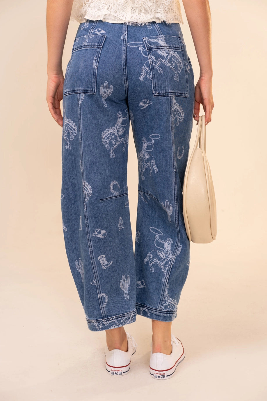 Western Print Barrel Leg Denim Jean