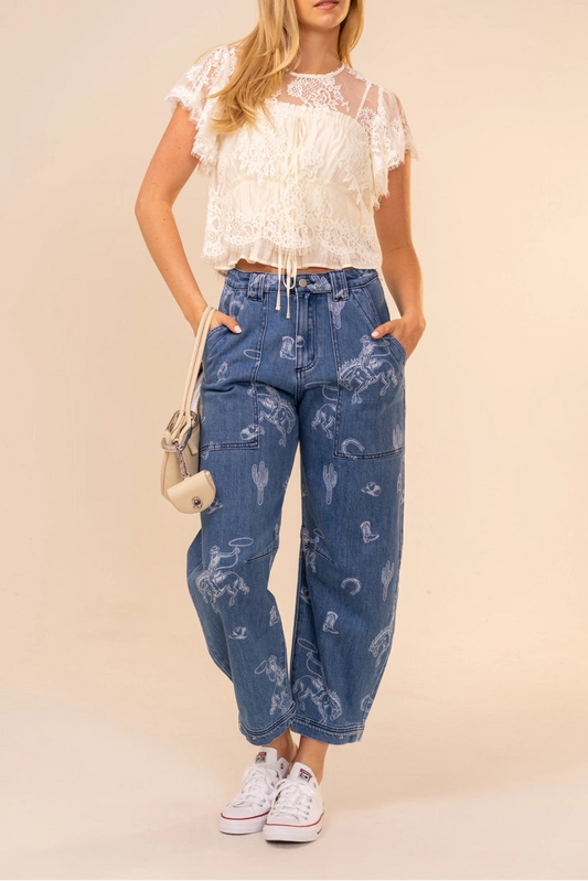 Western Print Barrel Leg Denim Jean