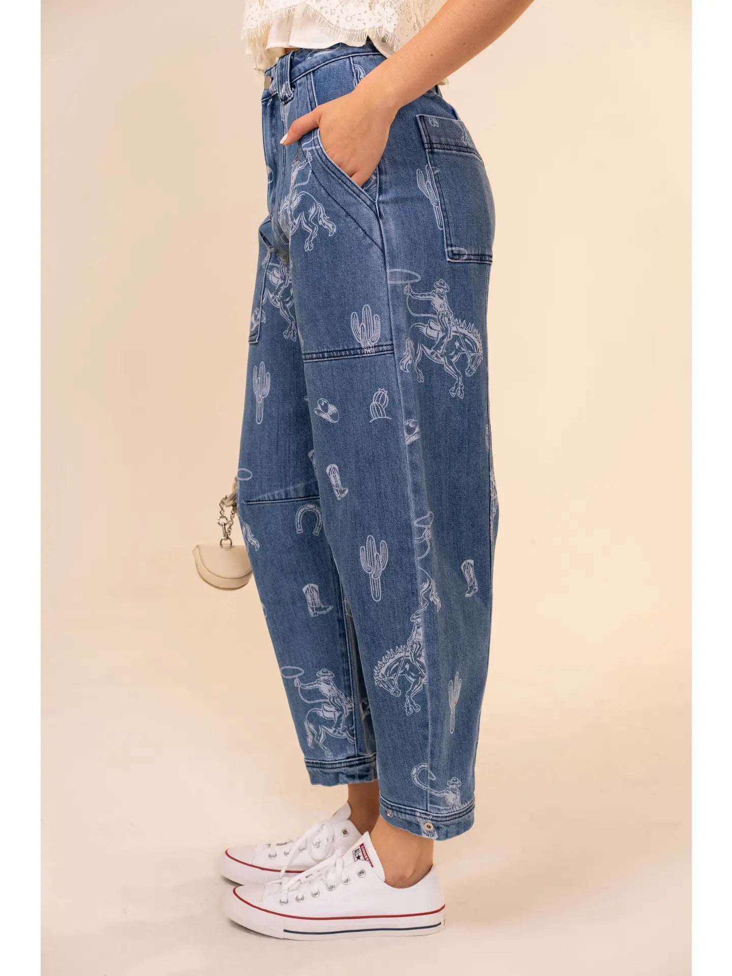 Western Print Barrel Leg Denim Jean
